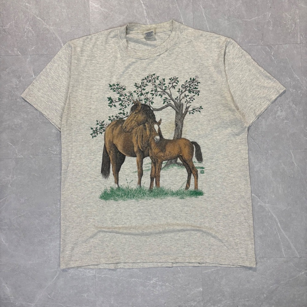 Vintage Cotton Grove Designs Horse Graphic T-Shirt Gray Mens Large Made in USA